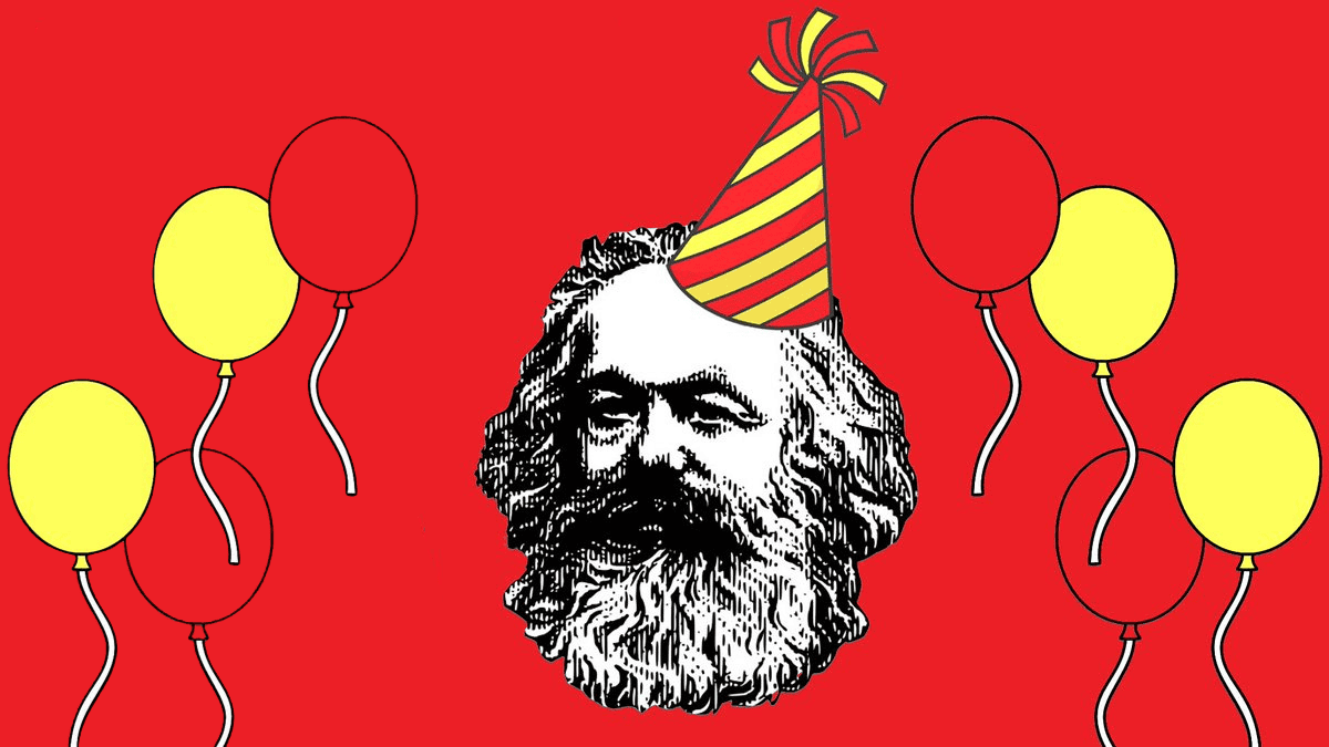 A black and white drawing of a bearded man wearing a striped party hat, surrounded by red and yellow balloons on a red background.