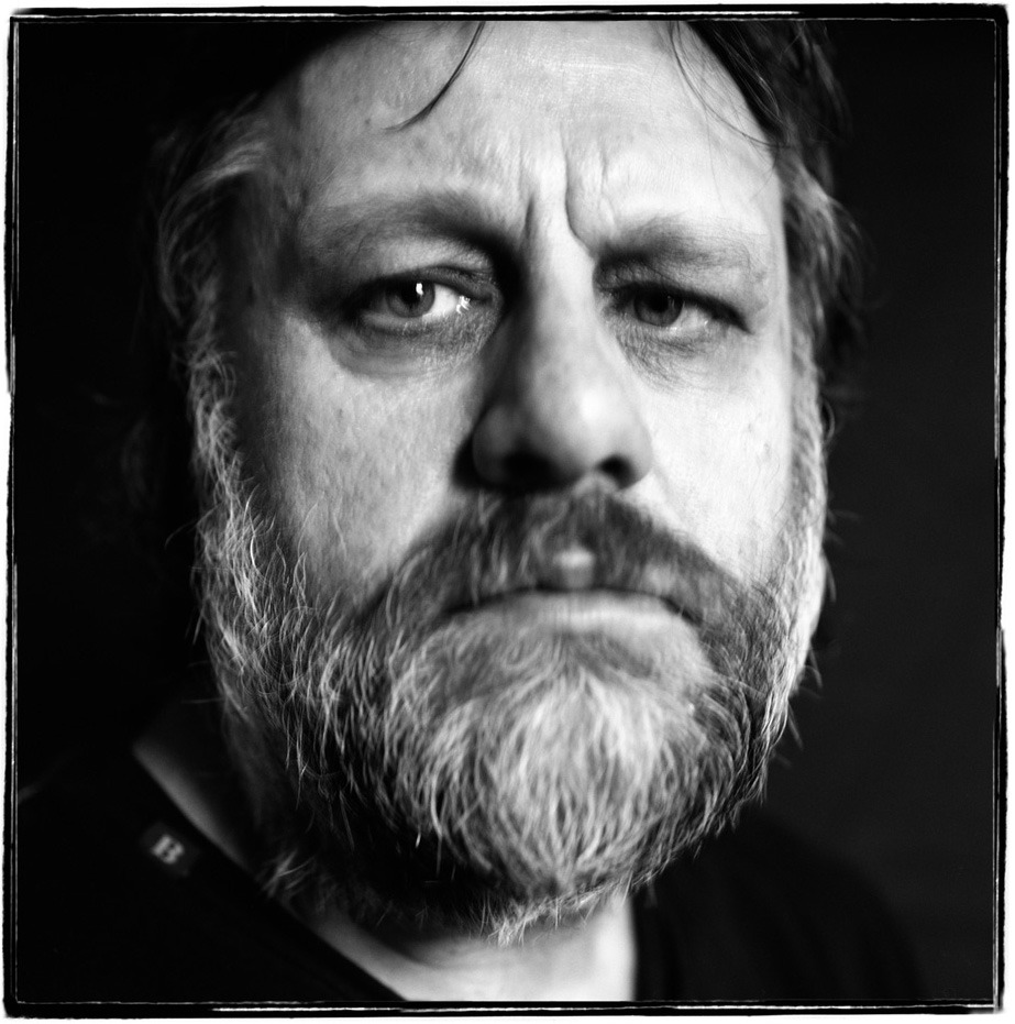 Black and white photograph of Slavoj Zizek.