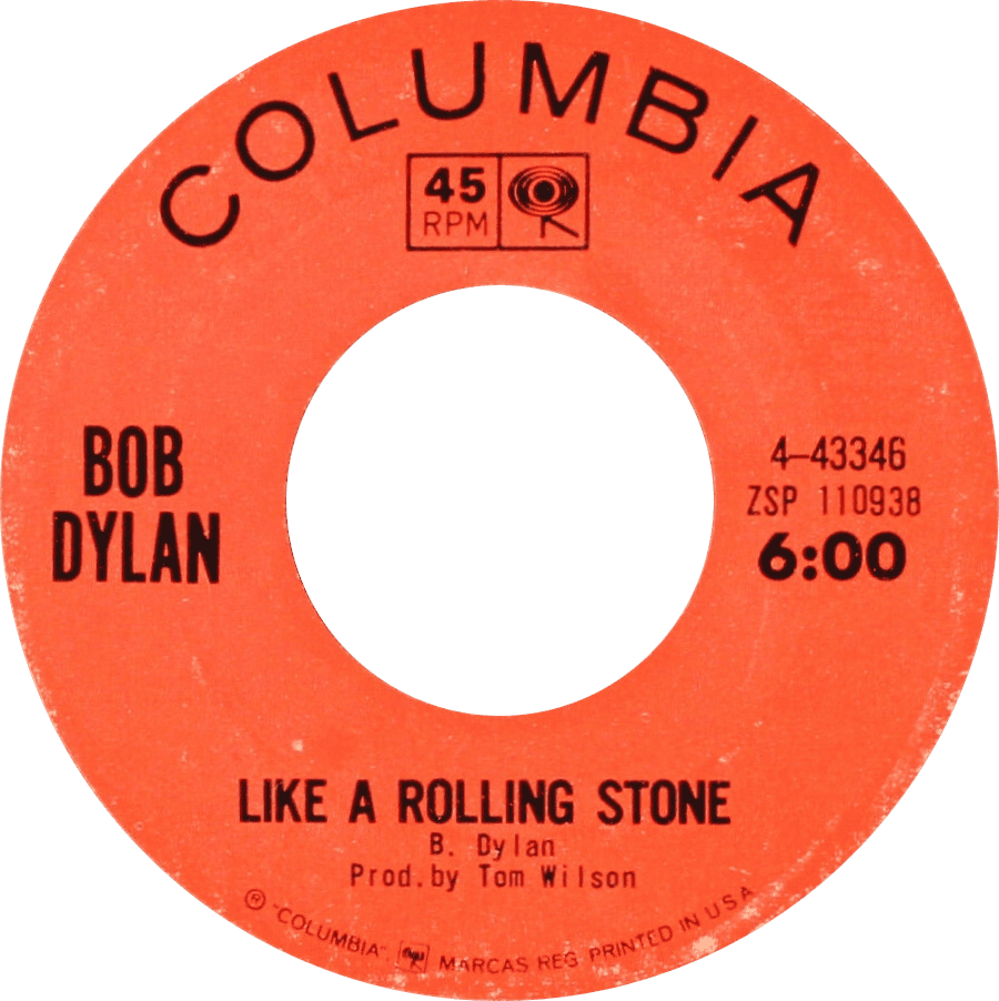 A red Columbia 45 RPM vinyl record label for Bob Dylan’s “Like a Rolling Stone,” produced by Tom Wilson, with a duration of 6:00. The label features black text and catalog numbers.