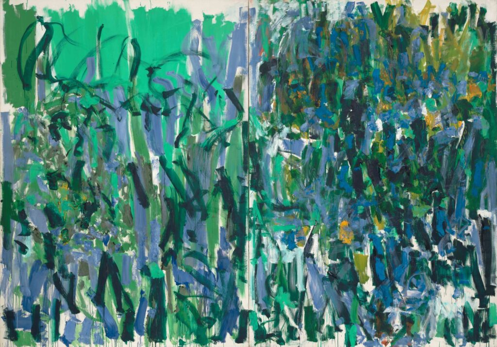 Abstract painting with bold green, blue, and teal brushstrokes, creating an energetic, nature-inspired composition. Lines and patches of color overlap and merge, suggesting foliage or a forest scene with dynamic movement and texture.