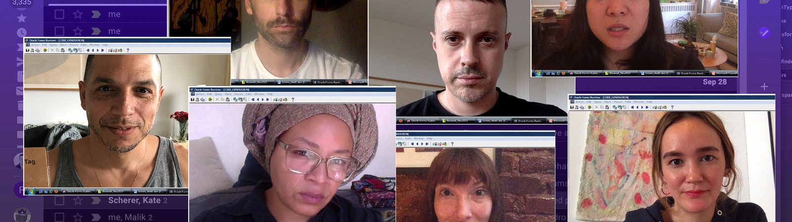 A collage of seven people on video calls, each in separate windows with varied backgrounds, displayed against a purple chat interface.