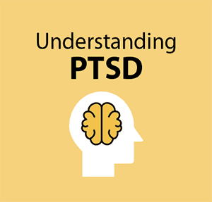 A graphic with the words “Understanding PTSD” above a white silhouette of a head with a yellow brain inside, set against a yellow background.