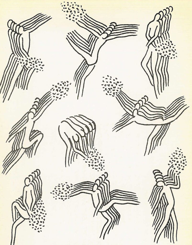 Abstract black line drawings of human figures with multiple heads and arms, interacting and reaching out, surrounded by clusters of small black dots on a plain background.