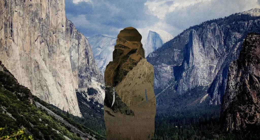 A mountain landscape with rocky cliffs and forests, featuring a silhouette of a person filled with mountain textures, blending into the background scenery.