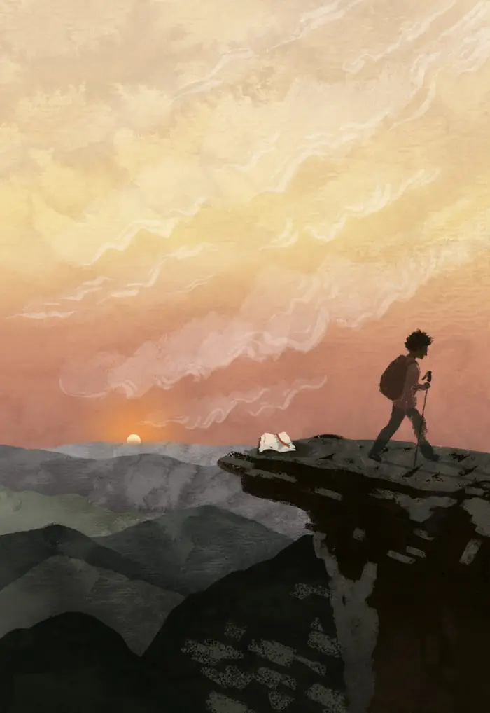 A lone hiker with a backpack stands on a rocky cliff at sunset, looking at an open book on the ground, with mountains and a colorful sky in the background.