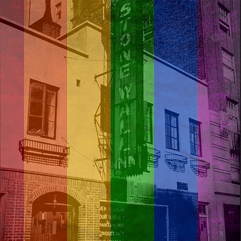 Historic Stonewall Inn with a vertical rainbow flag overlay, representing LGBTQ+ pride. The building’s facade and iconic sign are visible behind the colorful stripes.