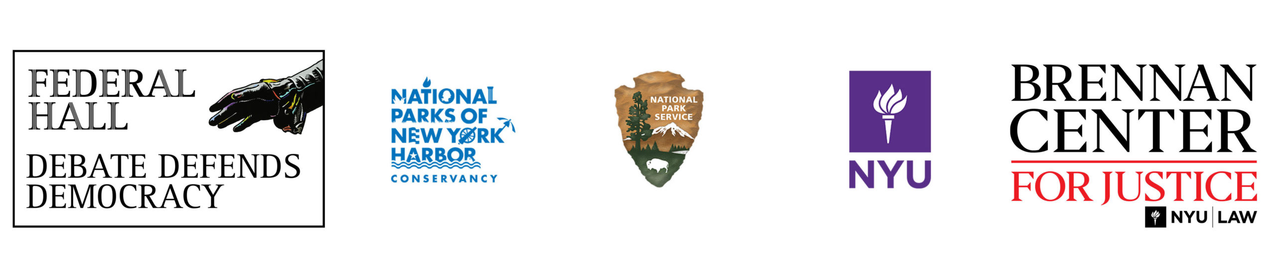 Logos: Federal Hall Debate Defends Democracy, National Parks of New York Harbor Conservancy, National Park Service, NYU, Brennan Center for Justice NYU Law