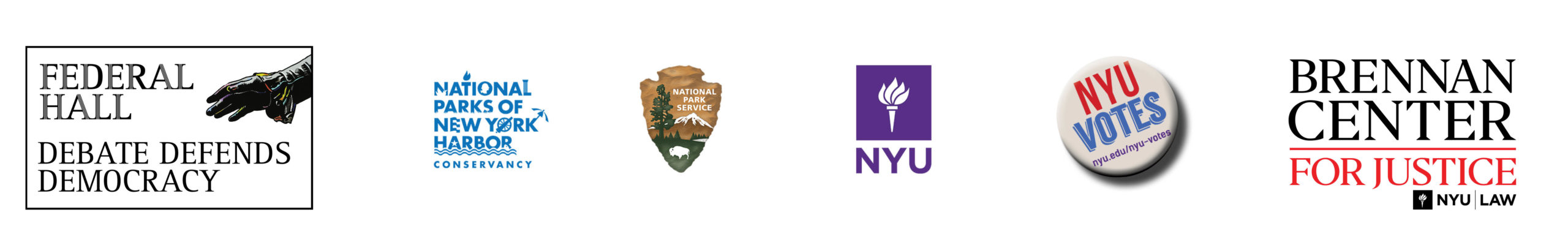 Logos: Federal Hall Debate Defends Democracy, National Parks of New York Harbor Conservancy, National Park Service, NYU, Brennan Center for Justice NYU Law, NYU Votes