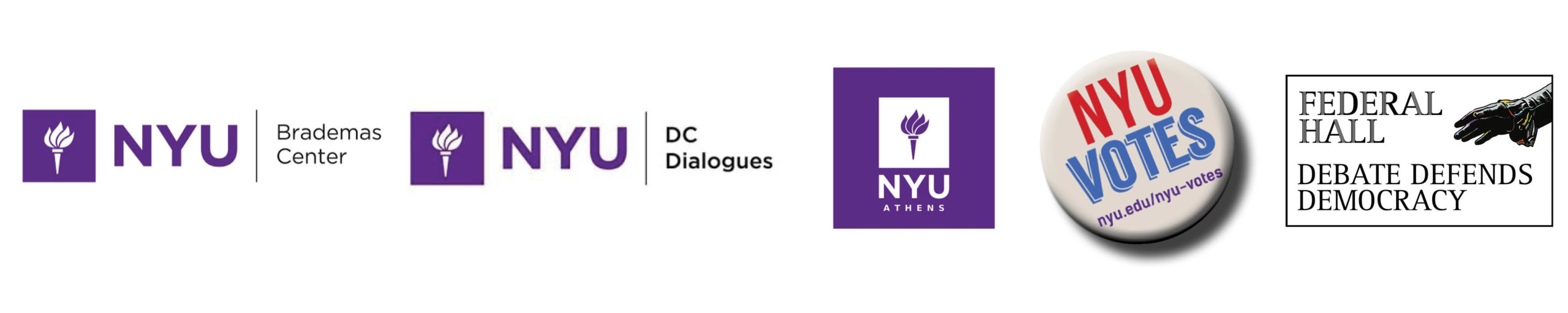 Logos: NYU Brademas Center, NYU DC Dialogues, NYU Athens, NYU Votes & Debate Defends Democracy