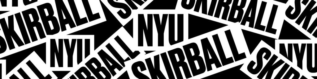 Black and white graphic with overlapping bold text reading “SKIRBALL” and “NYU” in large capital letters against triangular backgrounds.