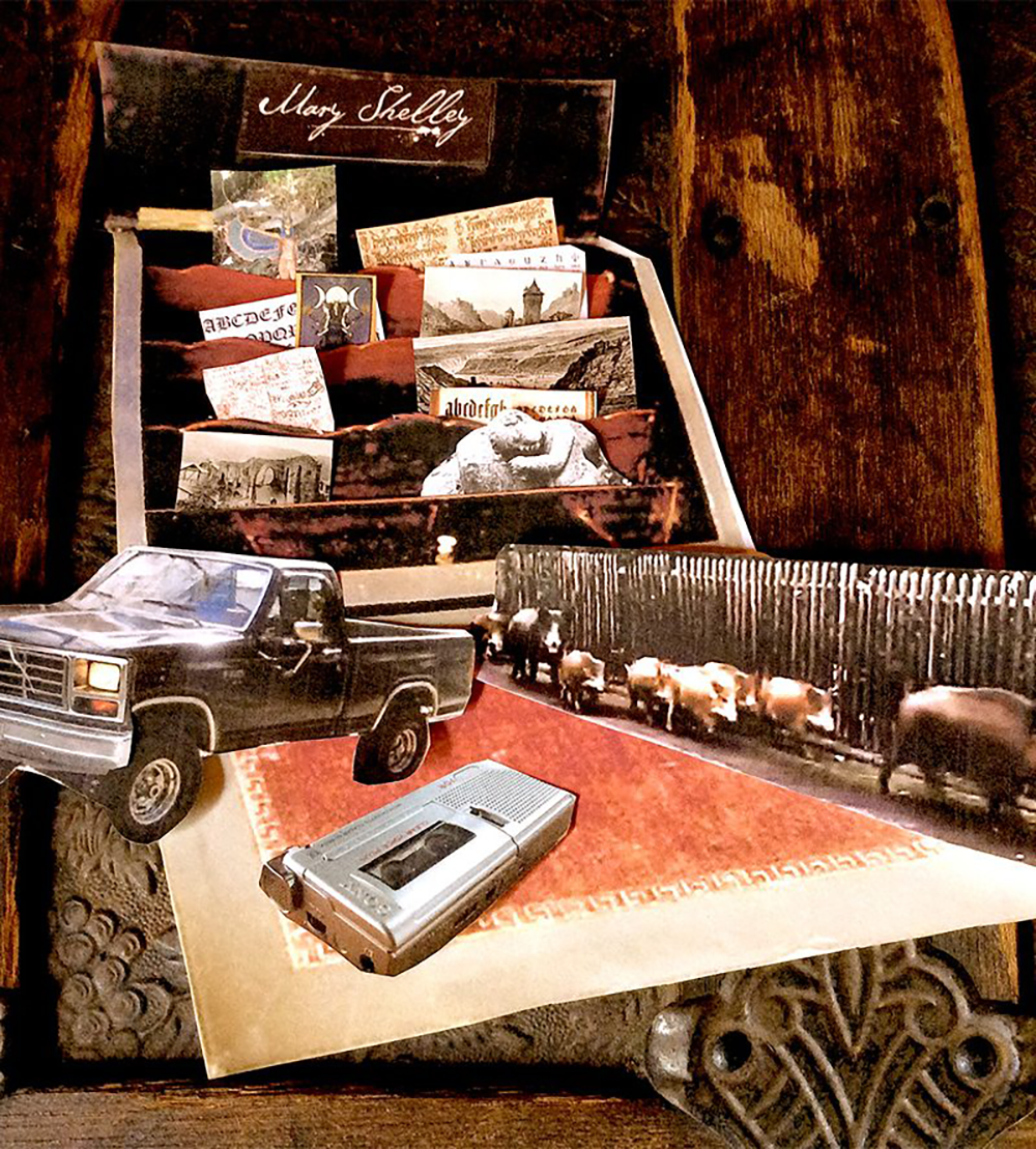 Mary Shelly collage: books in a rack, an old pickup truck, and a tape recorder pasted onto old wallpaper.