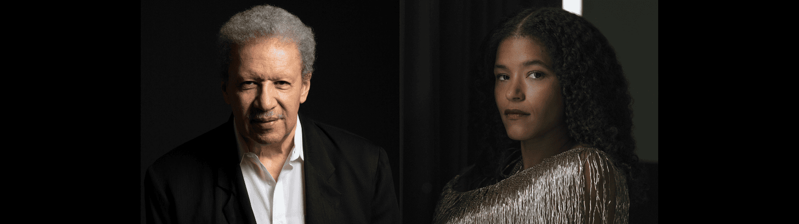 An older man with gray hair in a black jacket and a young woman with curly hair in a silver textured top, both facing forward against dark backgrounds.
