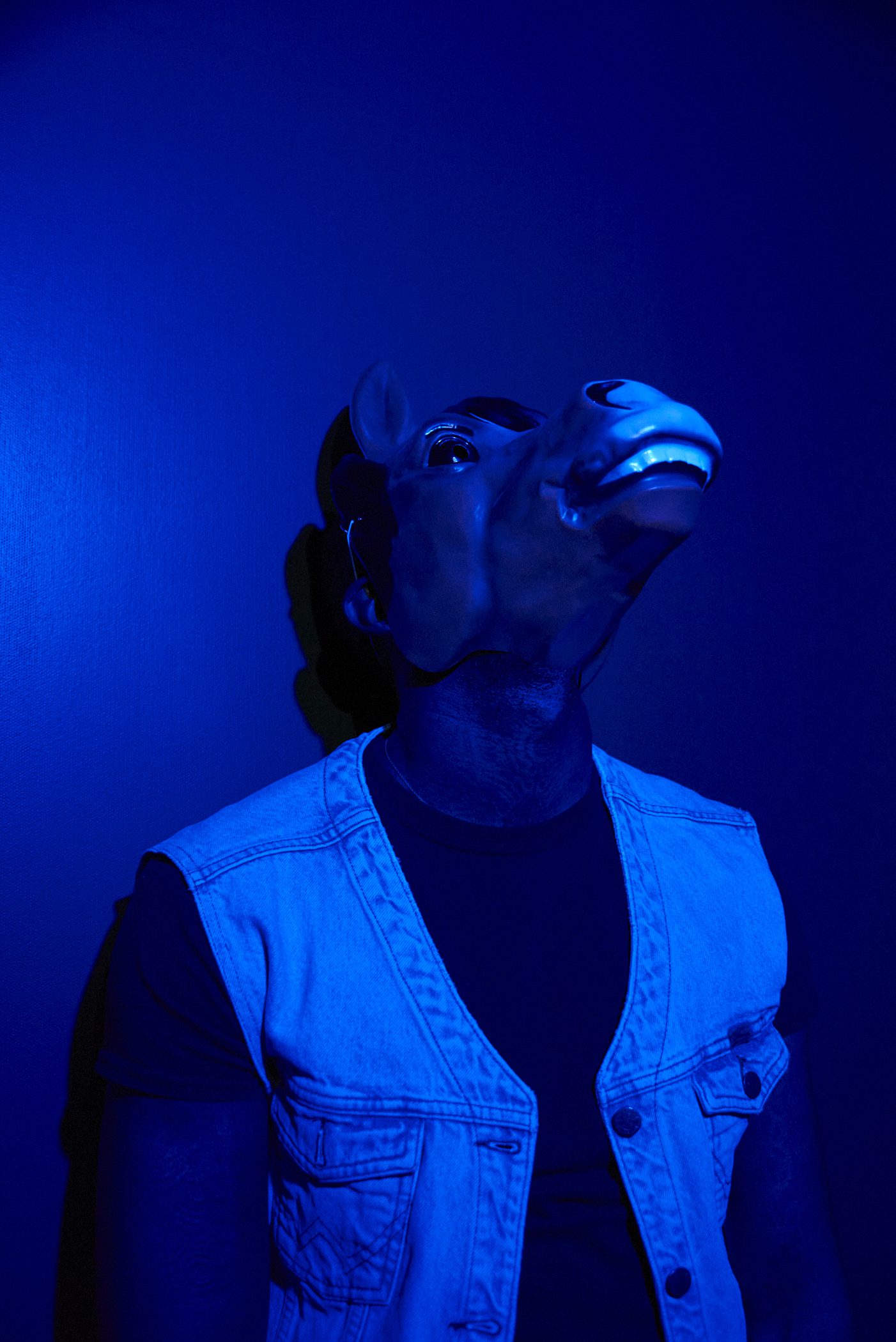A person wearing a horse mask and a sleeveless denim vest stands against a blue-lit wall, creating a surreal and mysterious atmosphere.