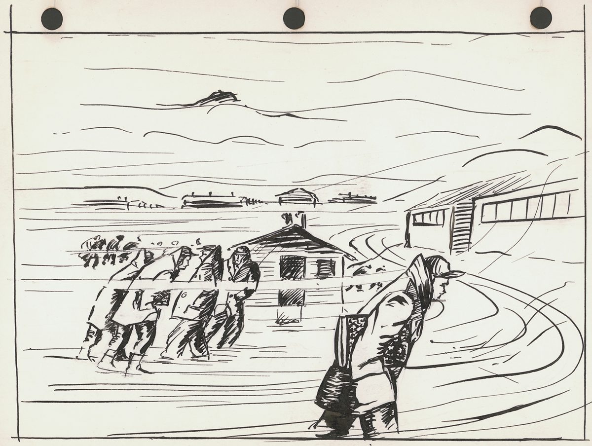 Black ink sketch of people carrying a large object near a gate, with a single figure in the foreground. Buildings and mountains appear in the background under a cloudy sky.