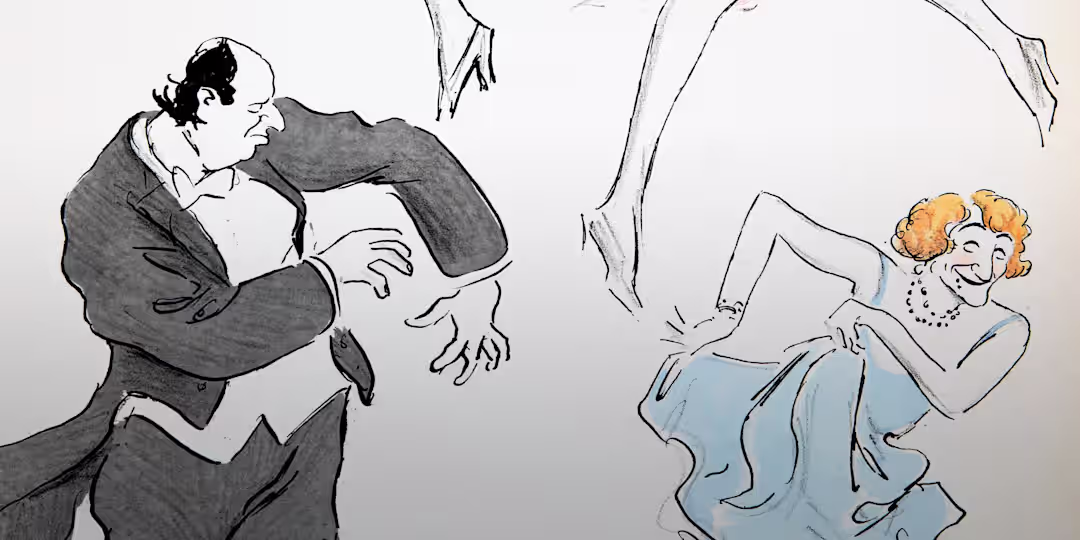 A man in a tuxedo and a woman in a blue dress dance with exaggerated, playful arm movements; bird legs appear above them.