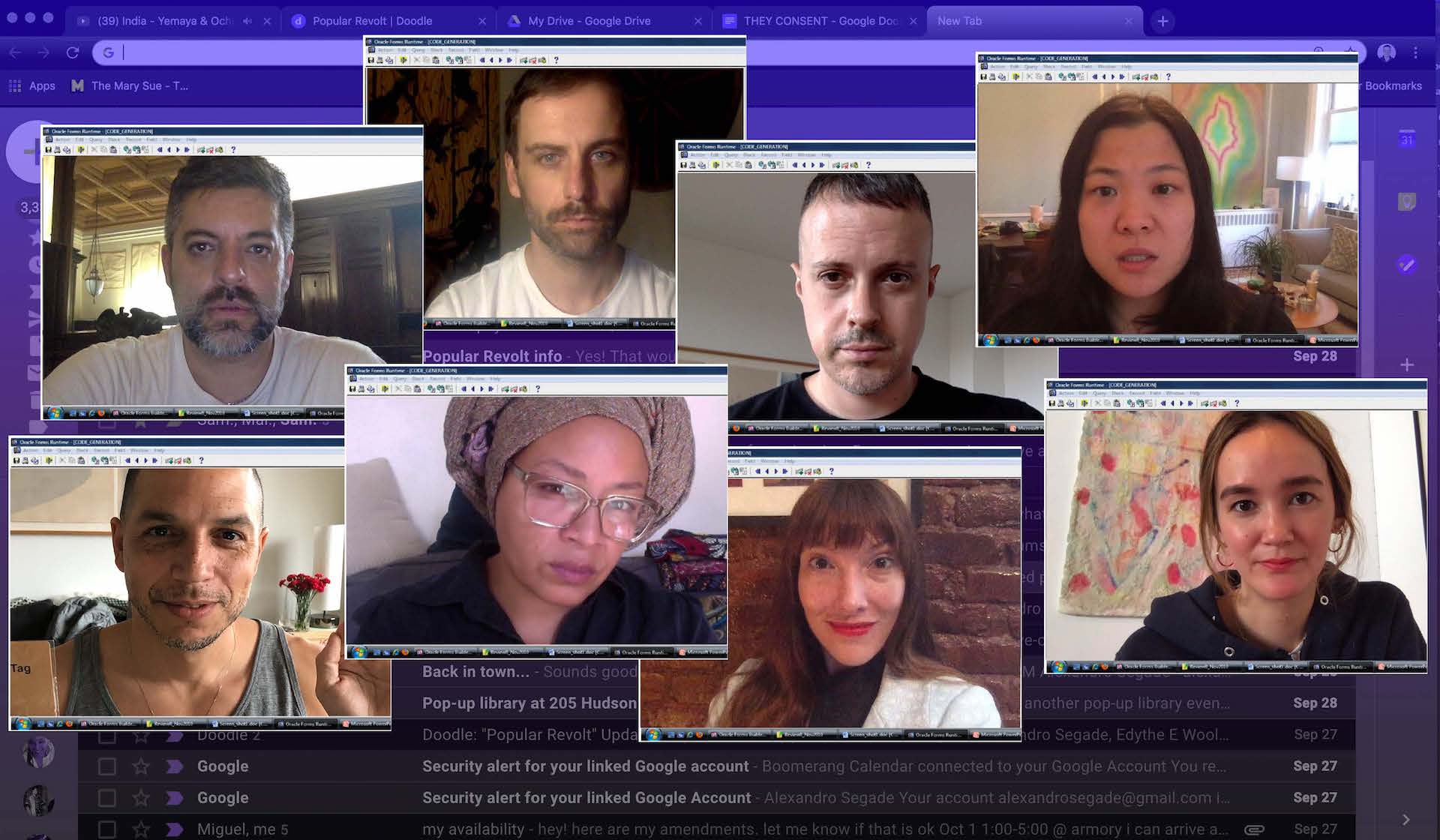 A collage of eight people on video calls, each in a separate window, overlaid on an email inbox with messages visible in the background.