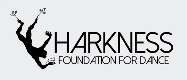 Silhouette of a dancer with leaves growing from their feet, holding a book, next to the text “Harkness Foundation For Dance” on a light background.