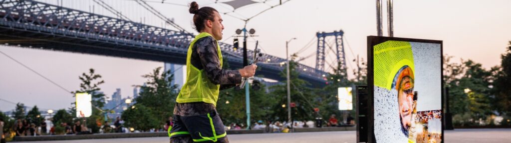 A person wearing a yellow vest and patterned athletic clothes runs outdoors, holding a handheld gimbal. A bridge and trees are visible in the background.
