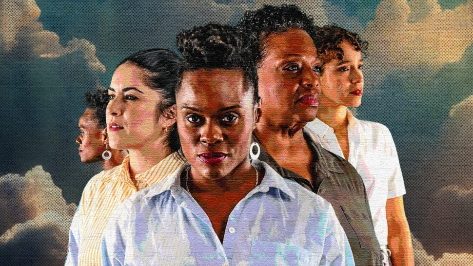 Four women stand together against a cloudy sky background, all looking in different directions with serious expressions. The image has a textured, painted effect, and each woman wears a collared shirt.