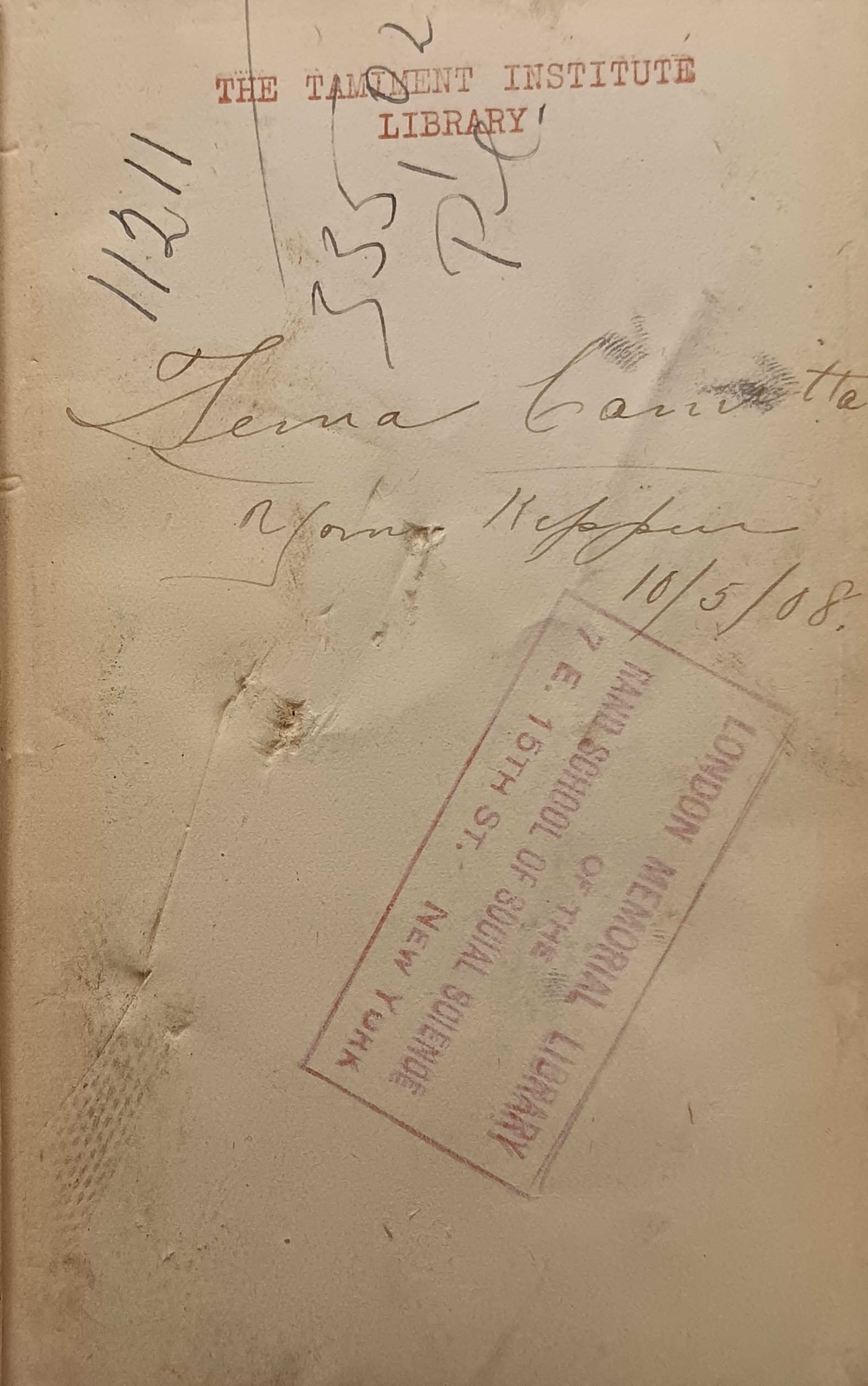 A worn library book page with handwritten notes, Talmud Institute Library stamp, and London Medical Library stamp. The page is stained and aged, with visible creases and faded text.