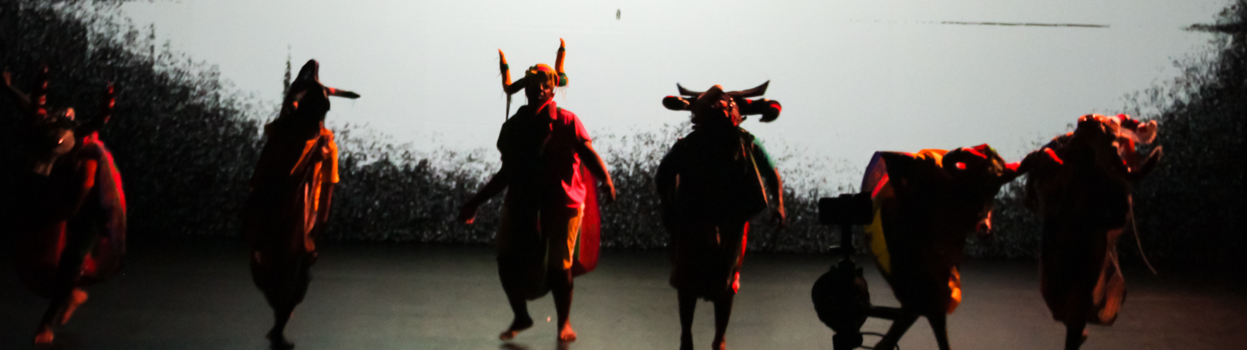 Six people wearing colorful costumes and animal masks perform on a dimly lit stage with a white background, creating dramatic shadows.
