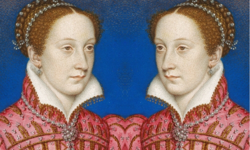 A mirrored image of a woman in a pink, jeweled gown with a white ruffled collar and pearls, set against a blue background, showing two identical faces facing each other.