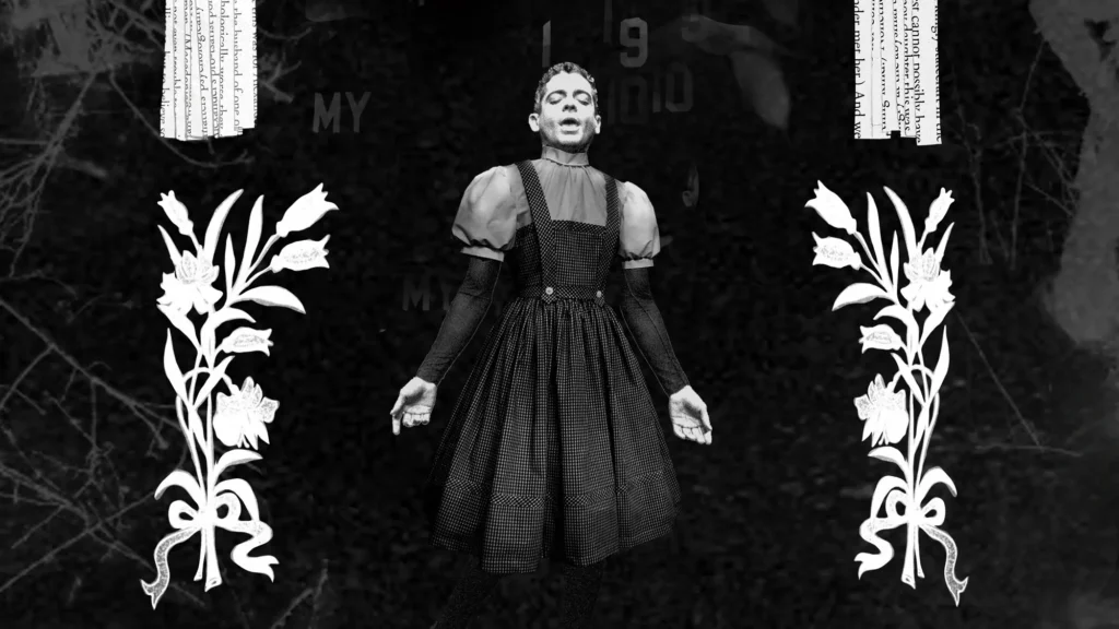 A person in a dark, vintage-style dress stands center stage with arms slightly out, set against a dark background with white floral designs on both sides.