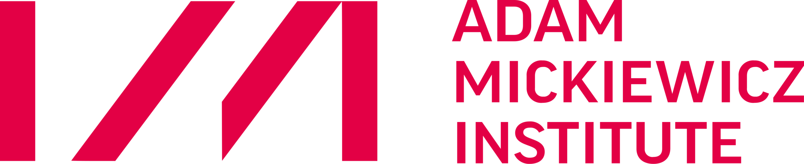 Red geometric logo with angled lines on the left and the text “ADAM MICKIEWICZ INSTITUTE” in bold, uppercase red letters on the right, all on a light background.