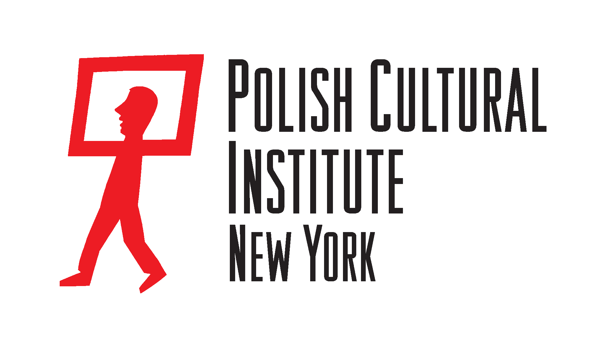 Logo of the Polish Cultural Institute New York, featuring a red walking figure with a square frame around its head, next to the institute’s name in black text.