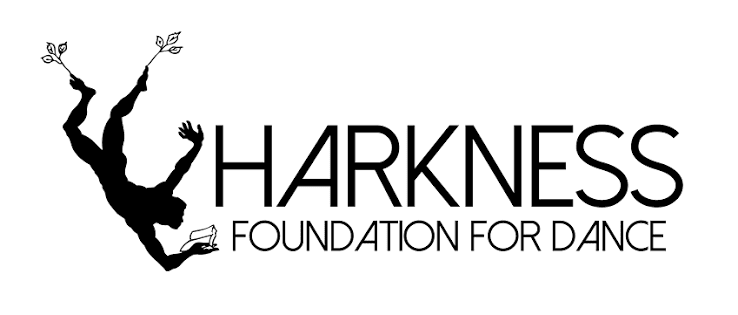 A silhouette of a dancer with leafy branches for feet, holding an open book, is next to the text “HARKNESS FOUNDATION FOR DANCE.”.