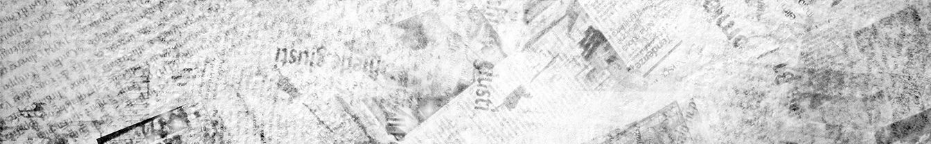 A textured collage of overlapping, faded, and partially visible newspaper clippings in grayscale, creating a vintage and abstract background.