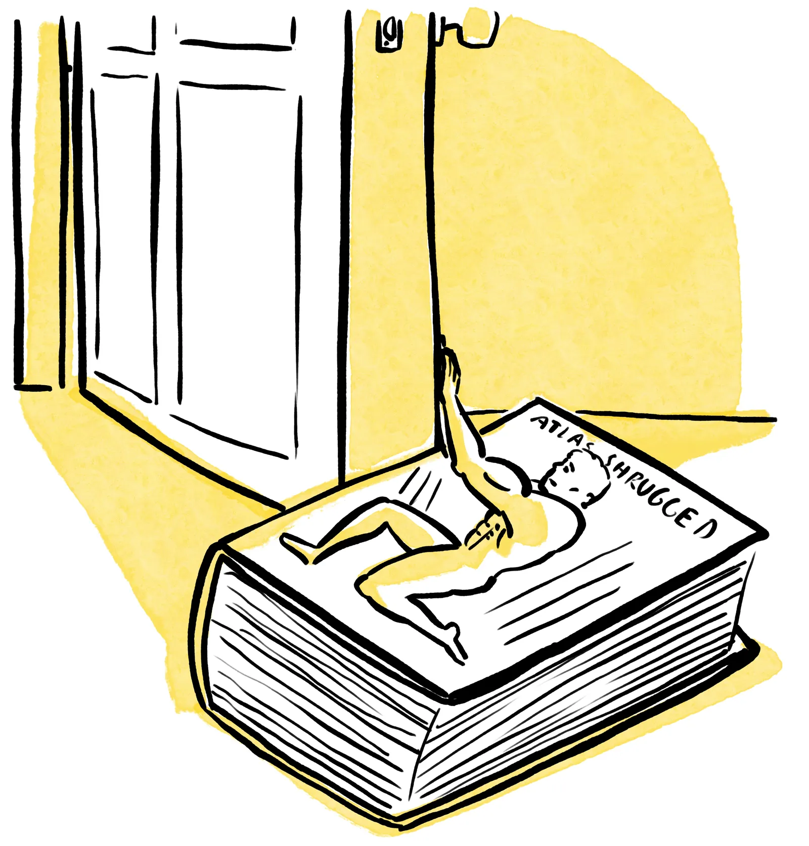 A large book titled “Atlas Shrugged” is used as a doorstop, with an illustration of a muscular figure holding the door open. Yellow shadows highlight the scene.