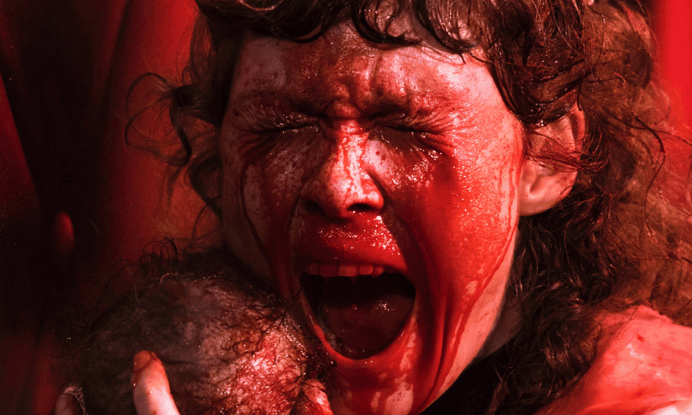 A person covered in blood screams with eyes shut, mouth wide open, and appears to cling to a small, bloodied object or figure. The background is red and intense, emphasizing a sense of horror or distress.