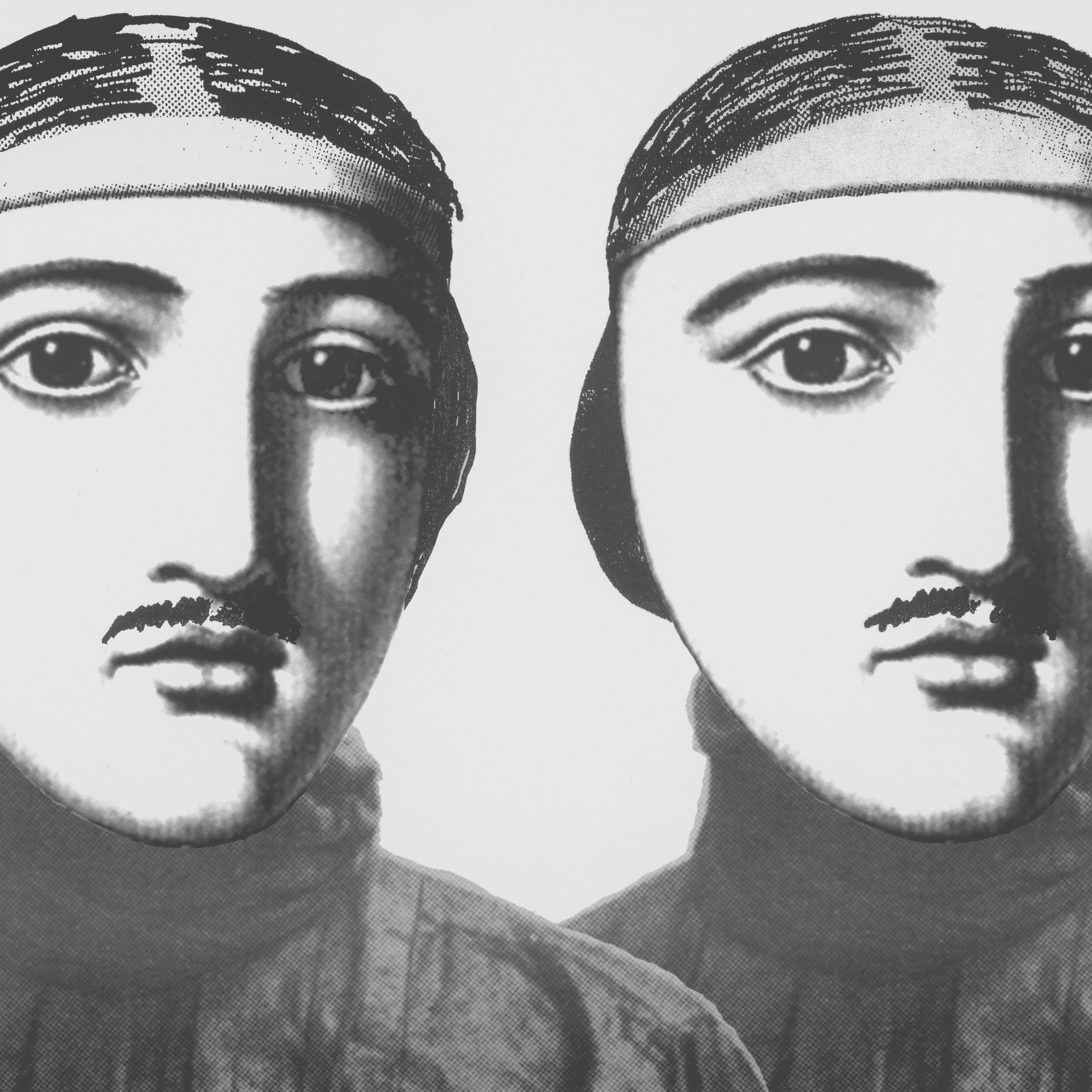 Two stylized, black-and-white illustrated faces with wide eyes and thin mustaches, both wearing head coverings and simple clothing, positioned side by side against a plain background.