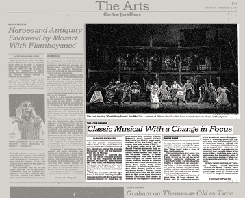 A black-and-white newspaper arts page showing an opera performance photo above an article titled “Classic Musical With a Change in Focus,” and an image of a dancer next to an article on Martha Graham.