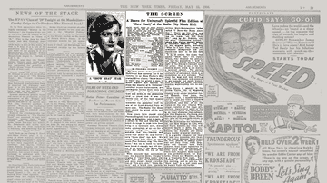 Newspaper page with movie ads, articles, and a photo of a child actor in the top section. Central column features a film review under the heading “THE SCREEN.” Surrounding sections contain various movie-related news and advertisements.