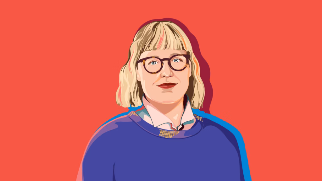 Colorful digital illustration of a person with blonde hair, glasses, and a purple sweater against a solid red background. The style is bold and graphic, with clear lines and vibrant colors.