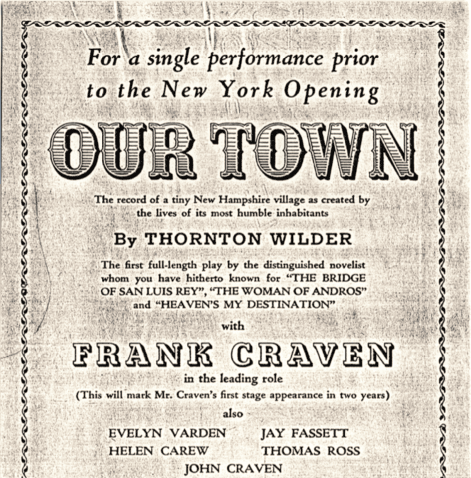 Vintage poster advertising a one-time performance of “Our Town” by Thornton Wilder, featuring Frank Craven, at the McCarter Theatre in Princeton on January 22 at 8:30 PM, prior to its New York opening.