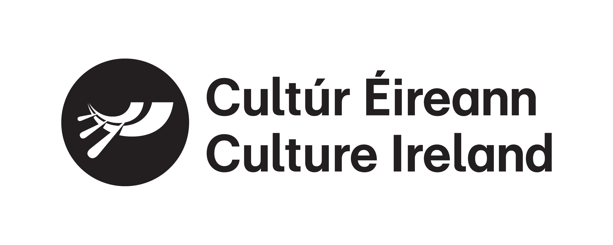 Black and white logo for Culture Ireland, featuring a circular emblem with an abstract harp and the text “Cultúr Éireann Culture Ireland” beside it.