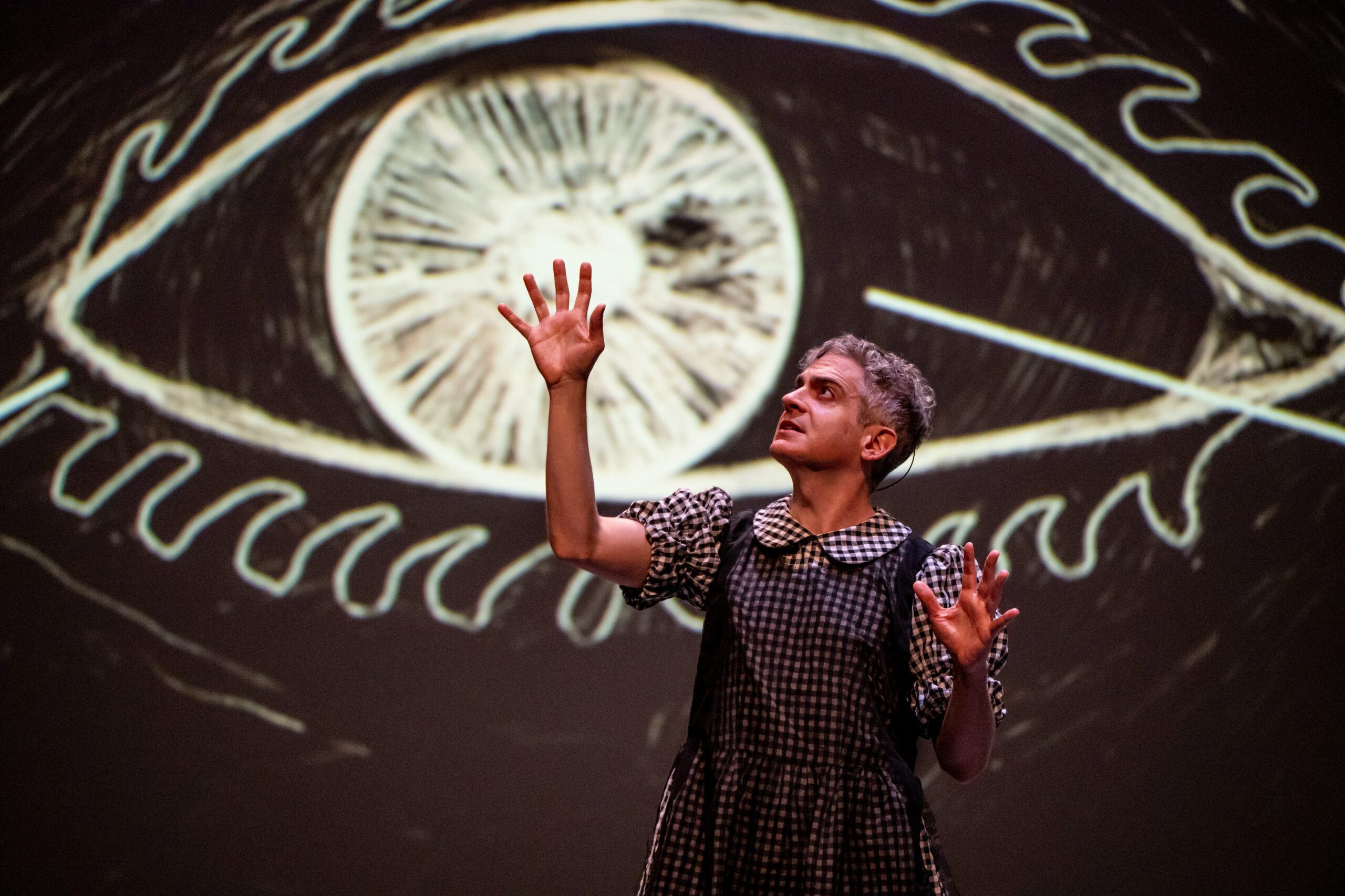 A person in a checkered dress raises their hands and looks upward, standing in front of a large, artistic drawing of an eye projected on a screen behind them.