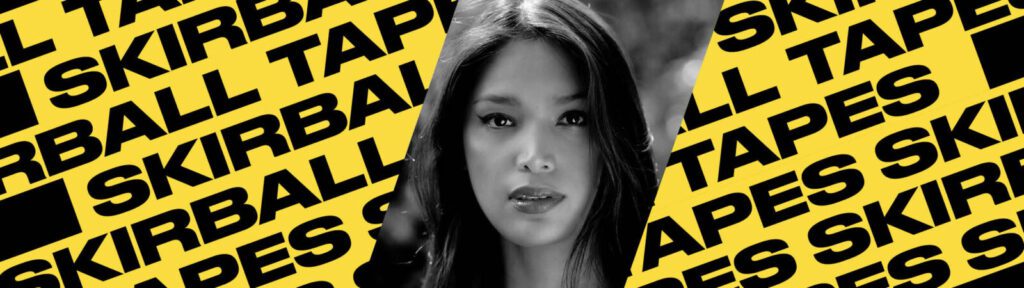 A black and white portrait of a woman is centered on a yellow background with bold black text repeatedly reading “SKIRBALL TAPES.”.