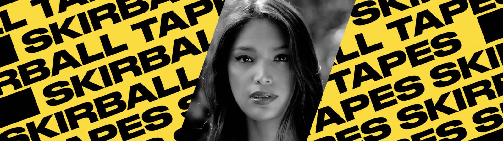 A black and white portrait of a woman is centered on a yellow background with bold black text repeatedly reading “SKIRBALL TAPES.”.
