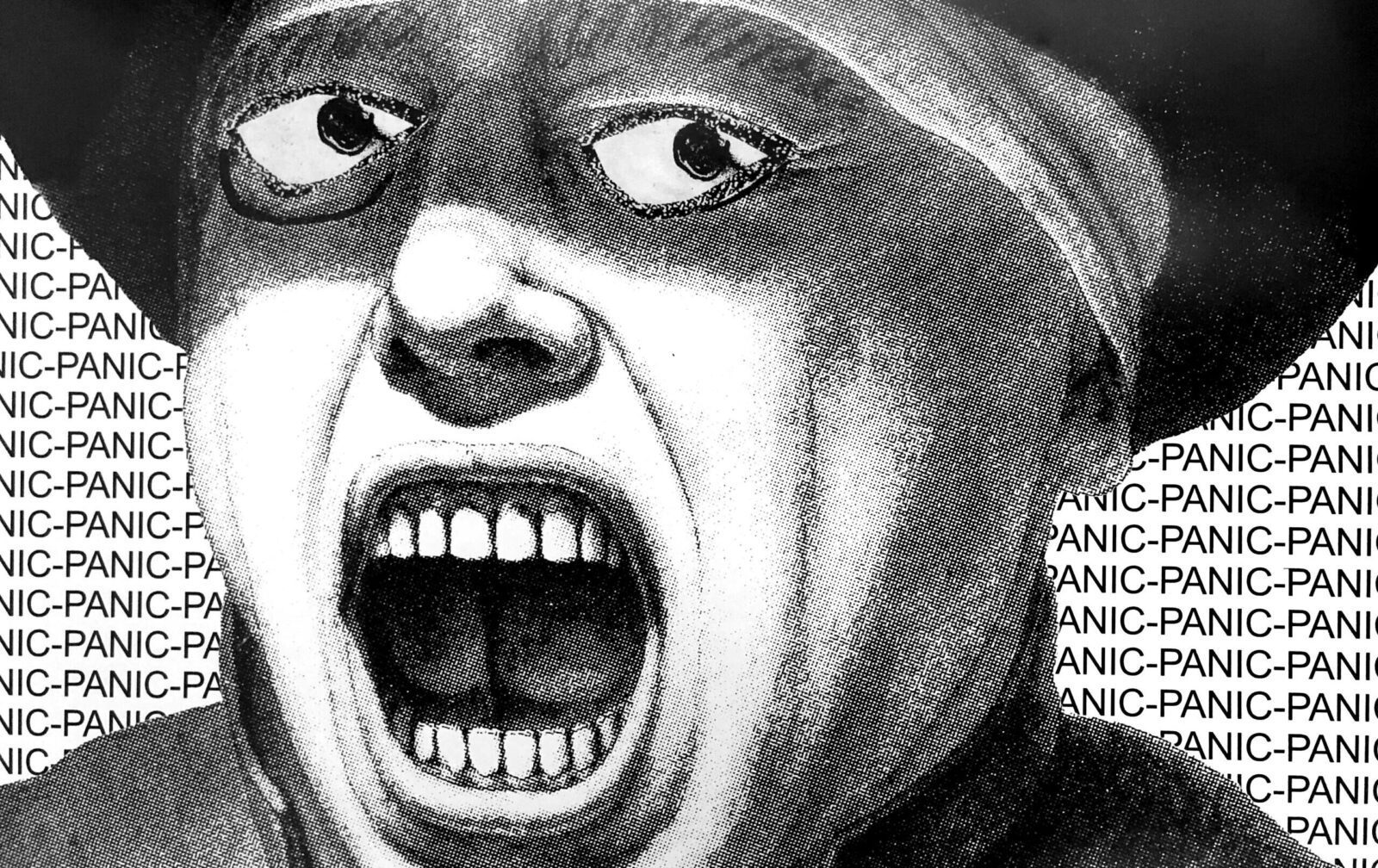 Black-and-white drawing of a person screaming with wide eyes and open mouth; the background repeats the word “PANIC” in bold, capital letters.