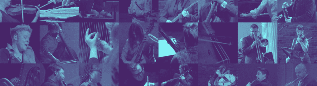 Collage of musicians playing various instruments, including violin, piano, trumpet, guitar, and cello, shown in performance settings, tinted in blue and purple hues.