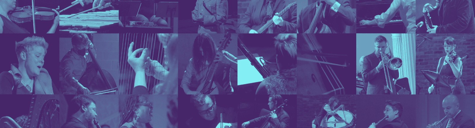 Collage of musicians playing various instruments, including violin, piano, trumpet, guitar, and cello, shown in performance settings, tinted in blue and purple hues.