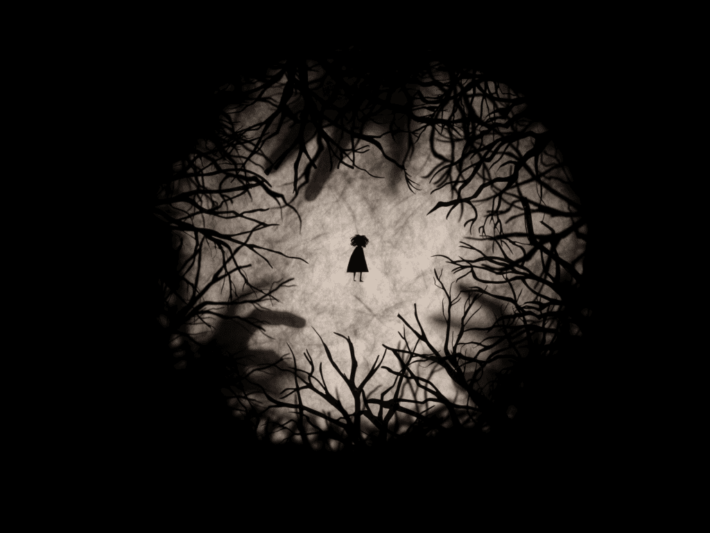 A silhouette of a small girl stands alone, surrounded by dark, twisted tree branches that form a circular frame, creating a sense of isolation and eeriness.