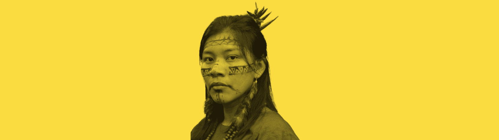 A person with long dark hair, traditional face paint, and a feather headpiece stands against a bright yellow background, wearing beaded jewelry and traditional clothing.