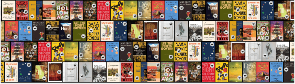 A large grid of various book covers, each marked with a small circular icon.