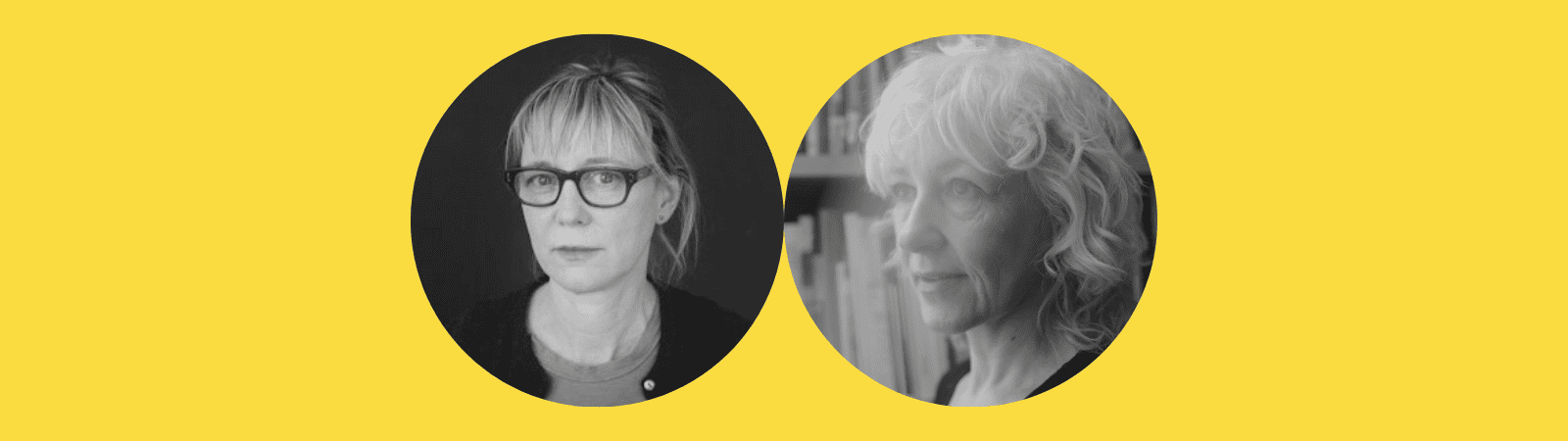 Two circular portraits on a yellow background: on the left, a person with short blonde hair and glasses in color; on the right, a grayscale photo of a person with curly light hair, both looking slightly away from the camera.