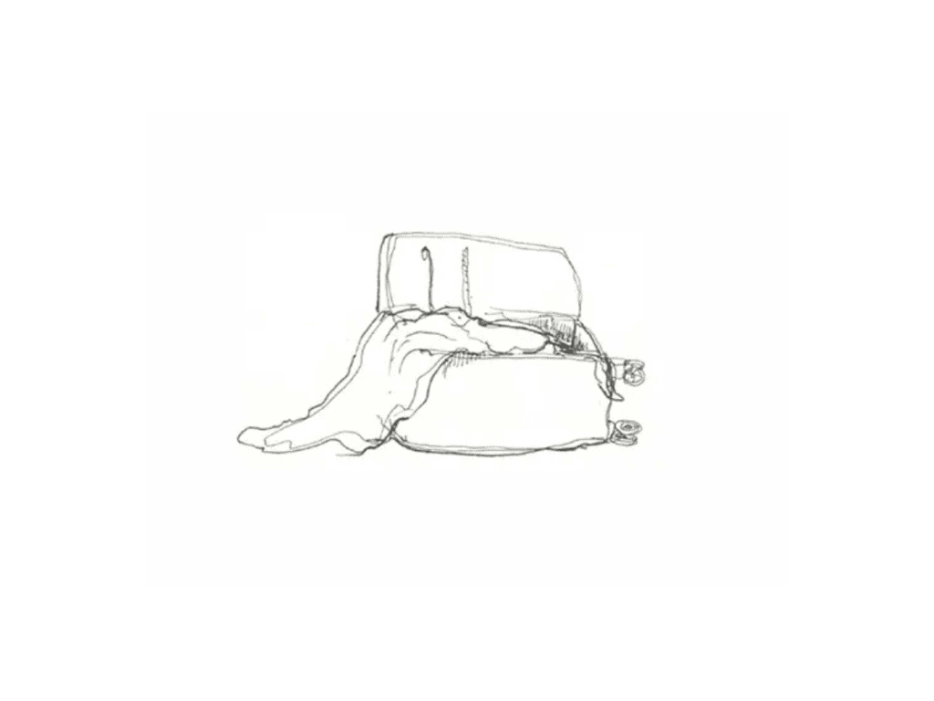 A simple line drawing of an open suitcase with clothing spilling out onto the ground.